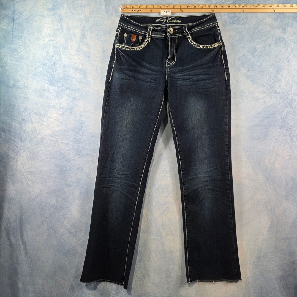 Sexy Couture Womens Embellished Rhinestone Bootcut Jeans Dark Wash Size 9 30x28